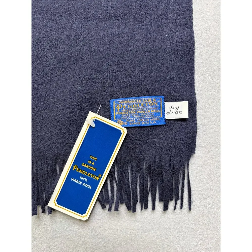 Vintage Pendleton 100% Virgin Wool Scarf Navy Blue‎ Fringe Made In USA NWT